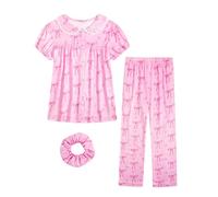 JiAmy Pyjama d'été 3 pièces pour Fille Pyjama Filles Imprimé Boutonné Vêtements de Nuit d'été pour Enfants 11-12 Ans,Arc Rose