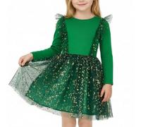 JiAmy Robe de fête pour fille - Tulle - Princesse - Tutu - Automne et hiver - Manches longues - Étoile - Paillettes - Taille 90-130, vert, 6-7 ans