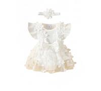 JiAmy Robe de plage côtelée pour bébé fille avec papillon 3D et tulle, bandeau assorti, Blanc., 0-3 mois