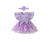 JiAmy Robe de plage côtelée pour bébé fille avec papillon 3D et tulle, bandeau assorti, Violet, 0-3 mois