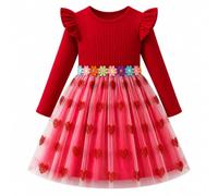 JiAmy Robe en tulle imprimée à manches courtes et longues pour fille de 2 à 7 ans, Cœur rouge, 7 ans