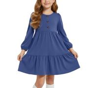 JiAmy Robe pour filles à manches longues en coton avec col rond, T-shirts décontractés avec poches à volants à taille haute superposée, style A-line, robe d'automne pour adolescentes de 4 à 12 ans