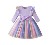 JiAmy Robes en tulle côtelé pour filles - Robe de printemps à paillettes - Manches volantes - Arc-en-ciel - Pour enfants de 1 à 6 ans, 02 - Violet, 3-4 ans