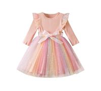 JiAmy Robes en tulle côtelé pour filles - Robe de printemps à paillettes - Manches volantes - Arc-en-ciel - Pour enfants de 1 à 6 ans, 02 - Rose, 5-6 ans