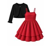 JiAmy Robes pour filles avec cardigan 2 pièces sans manches Robe trapèze 8 | 8-13 ans froncé élastique dos bretelles réglables double couche robe côtelé volants cardigan boléro fête anniversaire photos