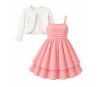 JiAmy Robes pour filles avec cardigan 2 pièces sans manches Robe trapèze 8 | 8-13 ans froncé élastique dos bretelles réglables double couche robe côtelé volants cardigan boléro fête anniversaire photos