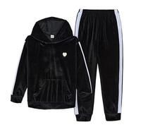 JiAmy Survêtement 2 pièces en velours pour fille - Sweat à manches longues et pantalon de survêtement - Tenue de sport décontractée, Noir , 7-8 ans