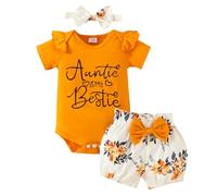 JiAmy Tenues de Vêtements pour Bébé Filles, Ensemble Nouveau-né Body Auntie is My Bestie Barboteuse Manches Courtes Pantalon avec Bandeau 6-9 Mois, Orange