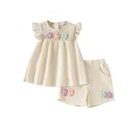 JiAmy Vêtements d'été pour bébé fille - Imprimé floral - Haut à manches courtes + short avec poches - Ensemble de vêtements pour bébé de 9 mois à 4 ans, beige, 3-4 Jahre