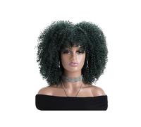 JIANBOHAIRS 16 Inch Afro Kinky Curly Wigs with Bangs for Women, None Lace Synthetic Hair for Daily Party Natural Looking for Thinning Hair(Dark Green)