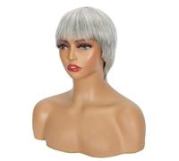JIANBOHAIRS 6 inch Grey Glueless Wigs for Black Women Human Hair Short Pixie Cut Bob Wig with Bangs Layered None Lace Full Machine Made for Thinning Hair(Silver Grey)