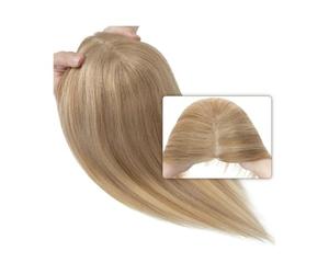 JIANBOHAIRS Extensions De Cheveux Humains Raides for Femme, 8 X 10 Cm, Partie Centrale, Nœud Unique, Base Mono, Crochet À La Main, Extension Clipser for Thinning Hair(Golden Brown+Bleach Blond,10inch)