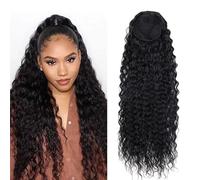 JIANBOHAIRS Extensions de queue de cheval synthétiques bou s et ondulées, avec cordon de serrage, sensation de cheveux humains avec Clip, noir naturel épais Daily Wear(20 inch)