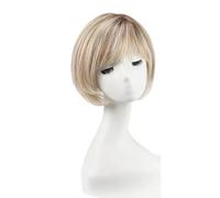 JIANBOHAIRS Human Hair Toppers For Women Short Bob Hair With Bangs 10" Side Part Hairpieces For Women With Thin Hair 6.5" × 6.5" Base for Thinning Hair(Ombre Blonde With Brown Highlight)