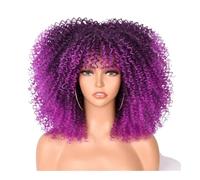 JIANBOHAIRS Perruque afro courte avec frange for femmes noires, perruque synthétique bou crépue des années 70, 180 g, densité 180 for Thinning Hair(Ombre Purple)