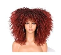 JIANBOHAIRS Perruque afro courte avec frange for femmes noires, perruque synthétique bou crépue des années 70, 180 g, densité 180 for Thinning Hair(Ombre red)