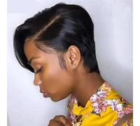 JIANBOHAIRS Perruque Bob Lace Wig naturelle brésilienne Remy, cheveux lisses, coupe courte Pixie, 6 pouces, 13x1 T, for femmes for Thinning Hair