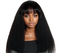 JIANBOHAIRS Perruque en cheveux humains crépus lisses avec frange for femmes noires, densité 200, sans colle ni dentelle, noir naturel for Thinning Hair(22inch)
