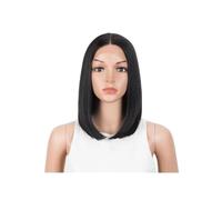 JIANBOHAIRS Perruque synthétique à dentelle frontale, coupe courte et lisse, coupe au carré, 30 cm, for femme, cosplay, avec raie au milieu for Thinning Hair(Black)