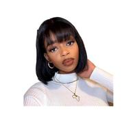 JIANBOHAIRS Perruques courtes et lisses de 25 cm avec frange for femme, perruque synthétique for cosplay, quotidien et Halloween for Thinning Hair(Natural Black)
