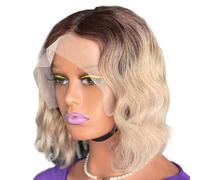 JIANBOHAIRS Perruques de cheveux humains ondulés courts blond cendré ombré 30,5 cm, 13 x 10 cm, avec dentelle frontale transparente HD, densité 150 for Thinning Hair