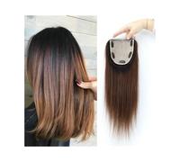 JIANBOHAIRS Postiche en cheveux humains Remy, base en soie, brun ombré, deux tons, avec dentelle frontale et ligne de cheveux naturelle, avec clips for Thinning Hair(14 inch)