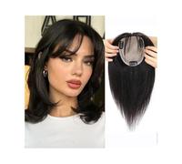JIANBOHAIRS Toppers Cheveux For Femmes Aux Clairsemés 10/12" Postiches Raides Avec Frange Vrais Humains 10x12 CM Base Soie Nouée À La Main Clip In Hair Topper for Thinning Hair(Black,30cm(12inch))