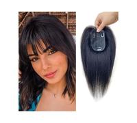 JIANBOHAIRS Toppers Cheveux Humains Remy For Femmes 7 × 10 Cm, Respirants, Attachés Main Avec Base Maille Soie, Ligne Naturelle 10 Pouces, Clips Invisibles Peau for Thinning Hair(Black)