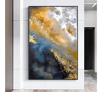 Jianghu Art Home DecorationArt Grand Tableau Abstrait Jaune Blanc Peinture Peint Peinture à l'huile sur Toile avec des Feuilles d'Or Moderne 85x125cm(33x49in) avec Cadre