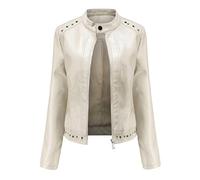 JiangKui Rivet Mode Col Montant Veste en Cuir Femmes Couleur Pure Veste Décontractée Femmes Printemps Et Automne Veste Femmesblanc, l