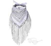 JIANGLAI Bandana à franges avec lunettes de soleil en forme de cœur, bandana disco avec strass, décoration pour enterrement de vie de jeune fille, blanc