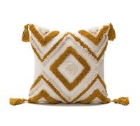 JIANGLANY Housse de coussin carrée avec pompons de style bohème - Motif géométrique touffeté - Doux et confortable - 45 x 45 cm (jaune)