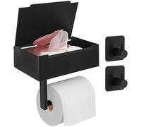 JiangLin Porte-rouleau de papier toilette en acier inoxydable sans perçage - Porte-rouleau WC noir avec boîte pour lingettes humides - Porte-papier toilette autocollant avec 2 crochets adhésifs -