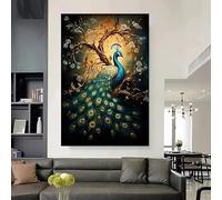 JIANGSHANDAIYOUCAIREN Fleur aquarelle or bleu paon peinture à l'huile impression paon poster mural salon décoration de la maison sans cadre-B_50x70cm