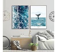 JIANGSHANDAIYOUCAIREN Minimaliste murale queue de baleine bleue peinture à l'huile affiche impression chambre salon décoration de la maison sans cadre-30x40cmX2