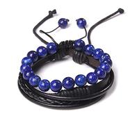 JIANGZ Bracelet Pierre, 2 Pcs Hommes Bracelet en Cuir Naturel Lapis Lazuli Chakra Bracelets Réglable Charme Amitié Bracelet Hip Hop Punk Cadeau De Fête pour Hommes Femmes