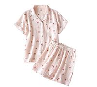 JIANGZ Pyjama Femme, Mignon Motif De Pêche Mesdames Pyjamas Ensemble Rose Coton Crêpe Short À Manches Courtes Pyjamas Ensemble Respirant Cardigan Loungewear PJ Ensemble pour Femme Fille