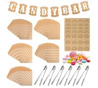 JIANGZHIB 62 Pièces Accessoires Candy Bar Kits, Contient 50 Sachet Papier Bonbon 6 Pince a Sucre 5 Feuilles Autocollants et 1 Candy Bar Banderole Guirlande pour Mariage Candy Bar Anniversaires