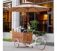 JIAOCKJIAO Stand Marché Chariot Mobile À 3 Roues avec Parasol, Portable Étal de Marché avec Grande Plateforme Pliable, Chariot de Vente Commercial pour Événements(Brown)
