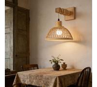 JIAODIE Applique Murale Rotin Tissé Main Lampe Murale Bois Massif Rustique Suspension Bohème Corde Abat-jour Bambou Naturel Réglable Wabi-Sabi Nordique Déco Chambre Salon Couloir Cuisine