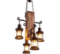 JIAODIE Rétro Lustre L'ancienne Chandelier Lustres Lumières Ancien Plafonnier Industriel Creative Suspensions Lamp Bar Comptoir Décoration Café Restaurant Bois Massif Lumières Suspendues,4*E27