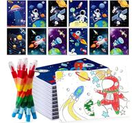 Jiaoohoo Lot de 12 mini livres de coloriage avec 12 crayons de couleur empilables - Petits cadeaux pour enfants - Décoration d'anniversaire astronaute