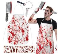 Jiaoshou Pan Déguisement Boucher Halloween Homme Femme, Costume Halloween Adulte avec Serre Tete de Couteau, Tablier Boucher, Couteau Sang et 10 Tatouages Autocollants pour Carnaval (Horreur A)