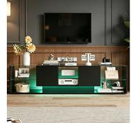 JiaOyu Meuble TV avec lumières LED pour téléviseur jusqu'à 85 pouces, moderne, brillant, avec espace de rangement et étagères en verre ouvertes, pour salon, chambre à coucher (noir)
