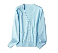 JIAREN Cardigan Femme, Cardigan Court Léger Décontracté Bleu Bouton Ouvert Cardigan avec Poches Pull Tricoté À Manches Longues Manteau Blouson Aviateur Gilet Vêtements D'Extérieur pour Femmes,XL