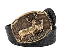 JIARY Ceinture Homme Cuir, Ceinture de CowBoy Occidental, Ceinture Vintage en Réglable Boucle de Motif Relief de Cerf Bronze Ceinture Gravée en Relief,Noir,120CM/47.3''