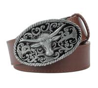 JIARY Ceinture western pour cow-boy,Ceinture de cow-boy vintage à longue corne Bull,Ceinture à Boucle en Cuir Occidentale de Taureau à Longues Cornes Cow-Boy Gravée Florale Hommes,Marron,115cm/45IN