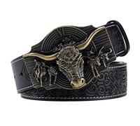 JIARY Rétro tête de Taureau modèle Ceinture de rodéo Cowboy Western Ceinture en Cuir à Boucle de Taureau Cow-Boy Western en Métal Gravées Florales pour Hommes,Black b,110CM/43.3''