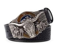JIARY Rétro tête de Taureau modèle Ceinture de rodéo Cowboy Western Ceinture en Cuir à Boucle de Taureau Cow-Boy Western en Métal Gravées Florales pour Hommes,Black a,100CM/39.4''