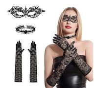 JIASHA Masque Dentelle Noir Yeux avec Gants en Dentelle, Masque Bal Masqué Dentelle Masque Loup Dentelle Masques Vénitiens Sexy, pour Femme Fille Soirée Bal Mascarade Halloween Partie